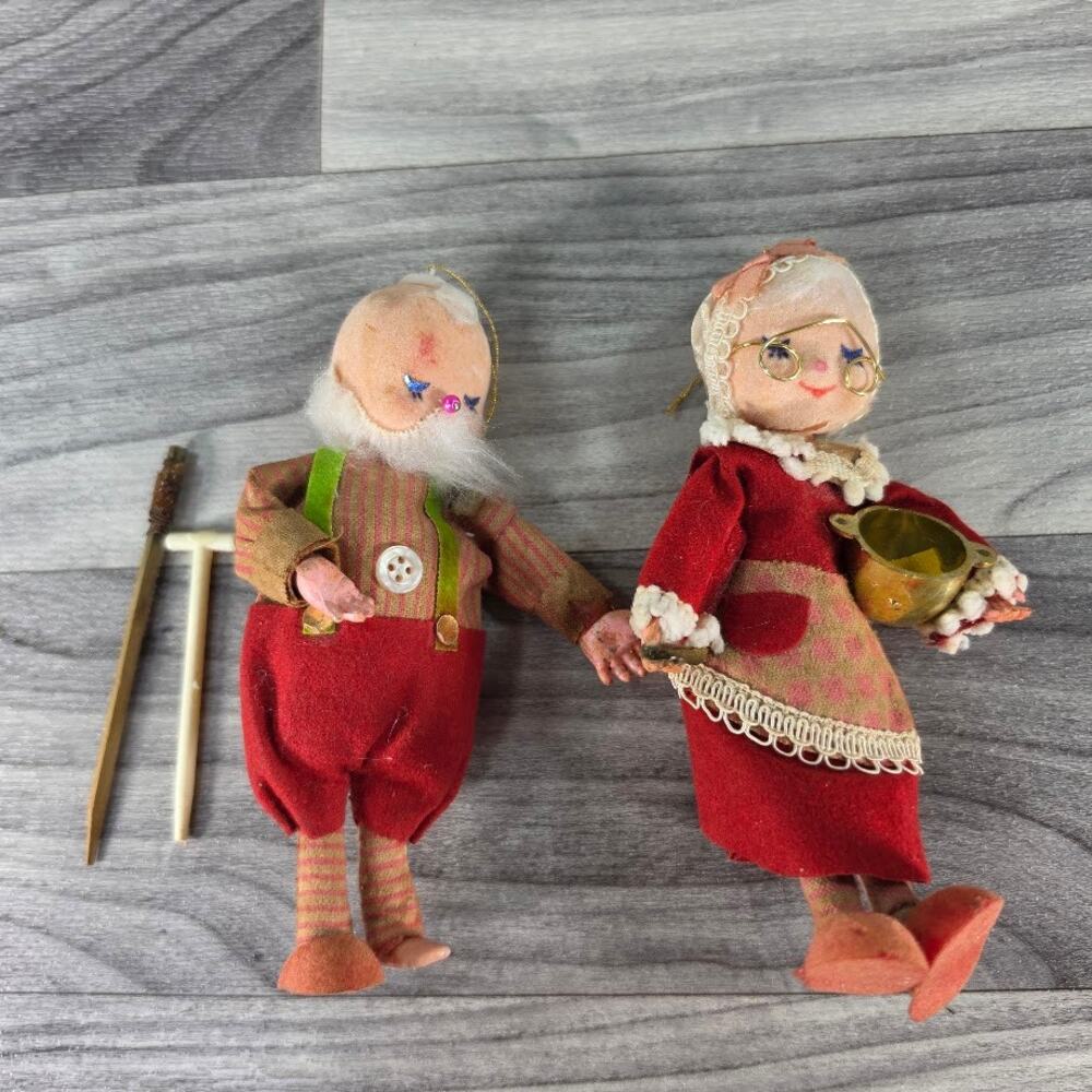 Vintage Kurt S Adler Santa & Mrs Claus Felt Cloth Christmas Ornaments Set Tag
